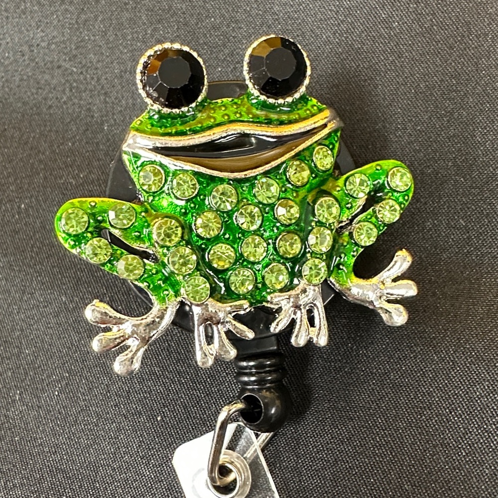 Green Rhinestone Frog Badge Reel